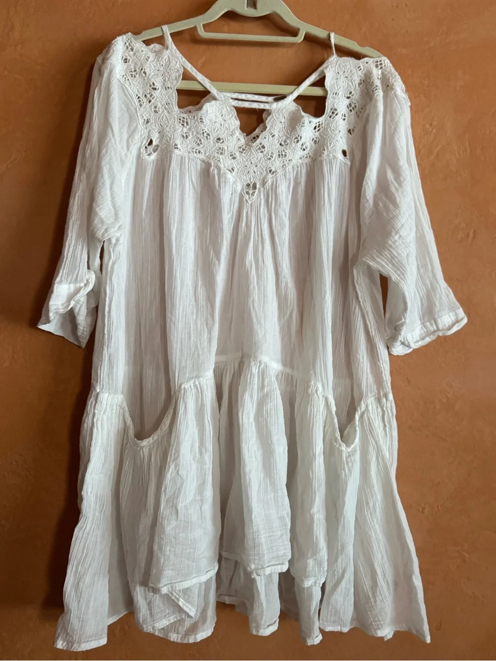 Free People White Embroidered Crochet Boho Tunic Dress Size Large